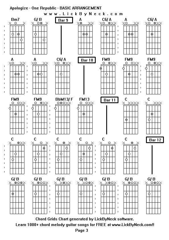 Chord Grids Chart of chord melody fingerstyle guitar song-Apologize - One Republic - BASIC ARRANGEMENT,generated by LickByNeck software.